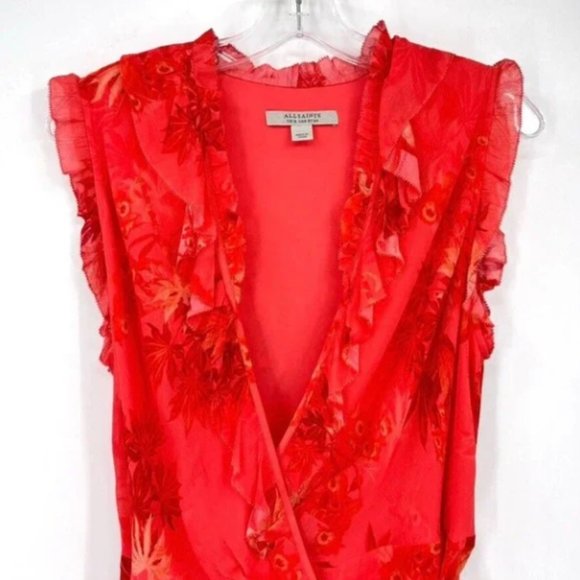 All Saints Ari Floral Print Wrap Dress in Orange Size 8 Viscose Birds Ruffles - Picture 4 of 9